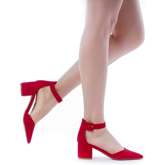 Dream Pairs Women's Red Suede Pointed Closed Toe Low Block Ankle Strap Heels - Picture 7 of 9
